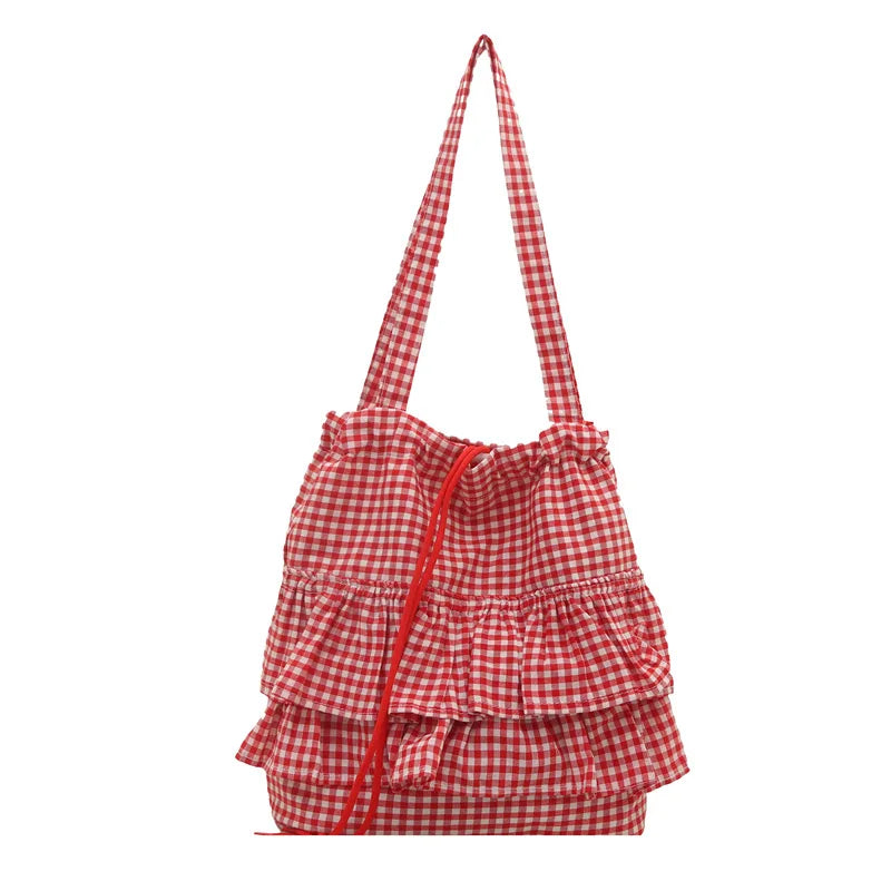 Large Capaci Cute Plaid Cotton Tote Bag  Lace Trim Women's Summer 2025 Simple Lady Handbag Soft Shoulder Bags Bolsa Feminina Pi-Mart