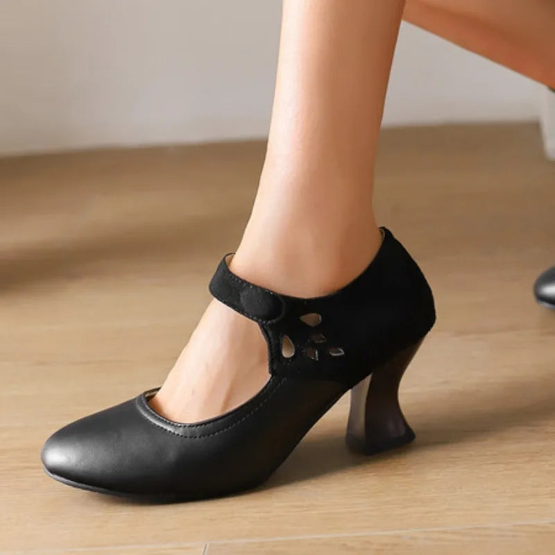 Summer Spring Cute Women Pumps Round Toe 6.5cm Small Heels Flock and PU Ankle Strap Buckle Green Yellow Big Size 46 48 Pi-Mart