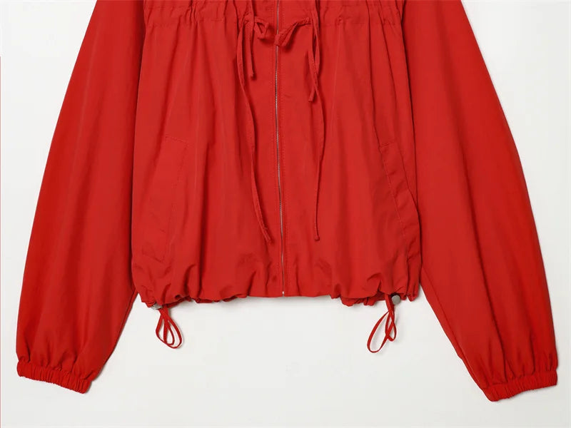 Women's Jacket 2026 Autumn New Red Long-Sleeve Drawstring Decorative Festive Hoodie Zipper Cardigan Casual Fashion Versatile Pi-Mart