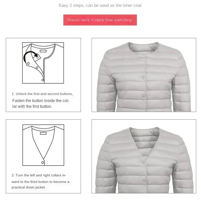 New Female Light Down Coat Women Liner Duck Down Jacket O-neck Variable V-neck 2024 Fall Collarless Light Quilted Puffer Coat LadyShow.Store