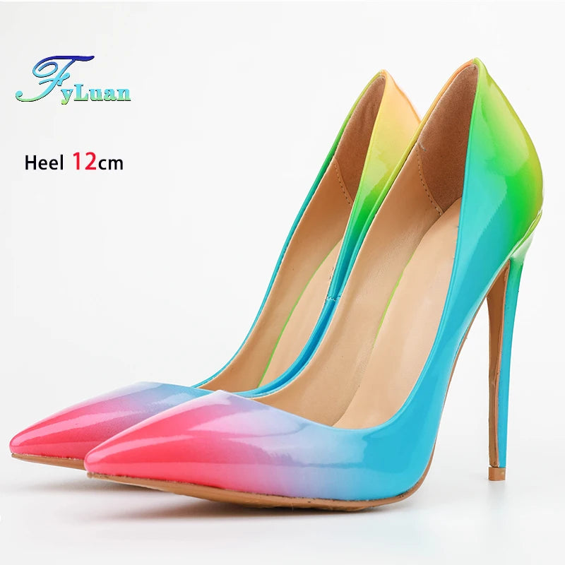 Brand Women High Heels 8-12CM Fashion Iridescent Pointed Toe Single Shoes Woman Thin Heel Summer Glossy Colorful Leather Pumps Pi-Mart