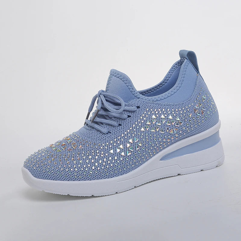 Women's Rhinestone Embellished Knit Mesh Wedge Sneakers, Adjustable Lace-Up Closure, Daily Walking Casual Footwear Pi-Mart