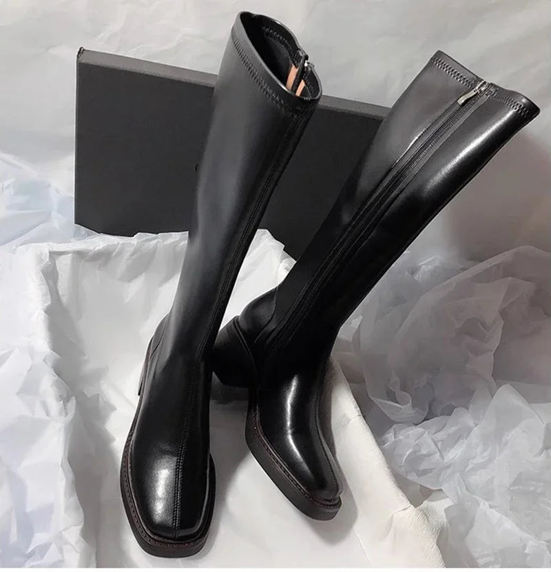 Vintage Thick Heel Women Knee High Boots Fashion Side Zippers Shoes Autumn Winter Ladies Concise Long Botas De Mujer Pi-Mart