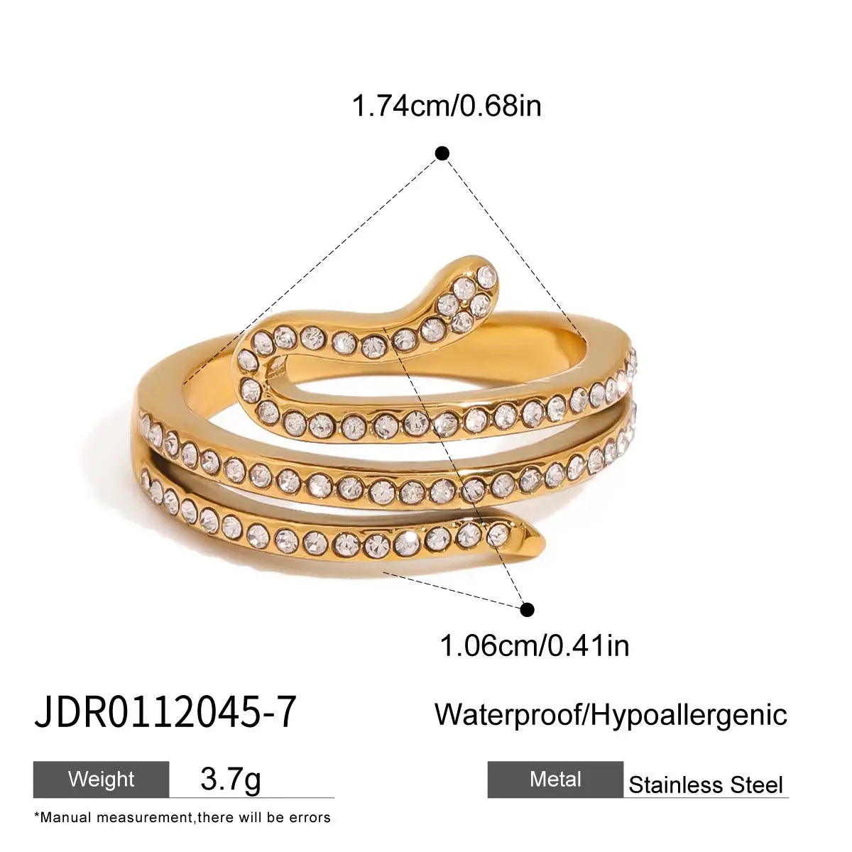 Uworld Fashion Zircon Serpentine Bracelet Ring Stainless Steel Finger Bracelet Stackable Chain Women's Accessories Party Gift Pi-Mart