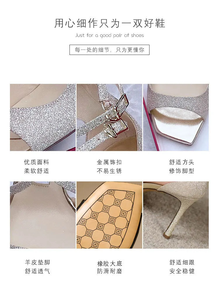 Luxury Sequined Women Gladiator Sandals Summer Designer Shoes for Women 2026 Square Head Hollow High Heels Fashion Ladies Shoes Pi-Mart