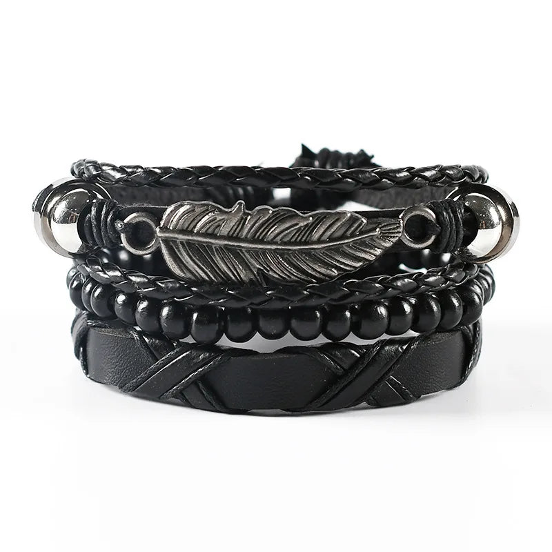 4Pcs/ Set Braided Wrap Leather Bracelets for Men Vintage Life Tree Rudder Charm Wood Beads Ethnic Tribal Wristband Rope Bracelet Pi-Mart