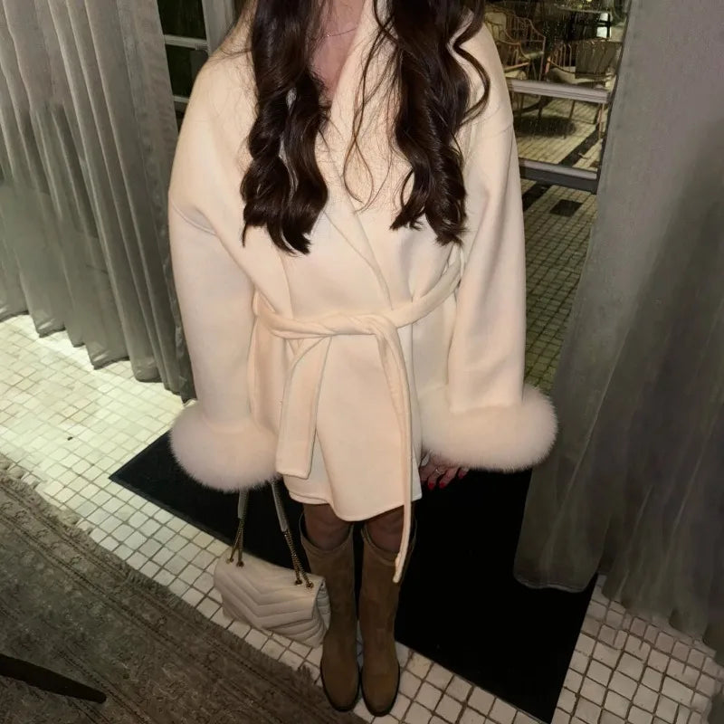 TARUXY Fox Fur Woolen Coats Women's Short Coat Office Lady Removable Elegant Double-sided Wool Overcoat 2025 New Cardigan Jacket LadyShow.Store