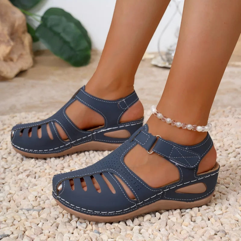 Summer Women Sandals Retro Hollow Out Leather Shoes Comfortable Soft Sole Ladies Beach Sandals Female Breathable Wedge Sandalia LadyShow.Store
