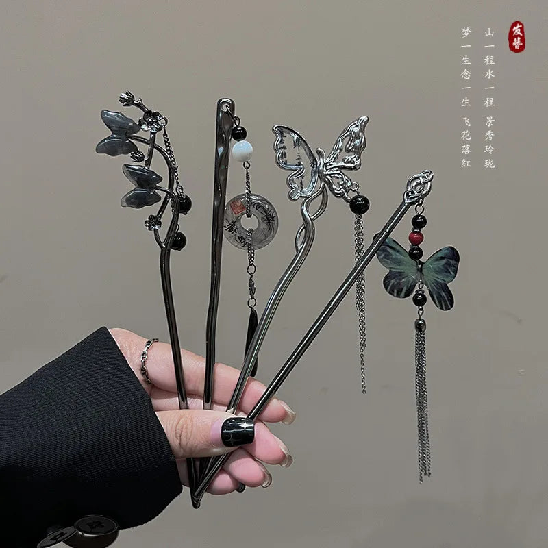 Ancient Chinese Style Elegant Butterfly Tassel Hair Stick for Women Girls Classical Hairpin Chinese Hair Accessories Jewelry Pi-Mart
