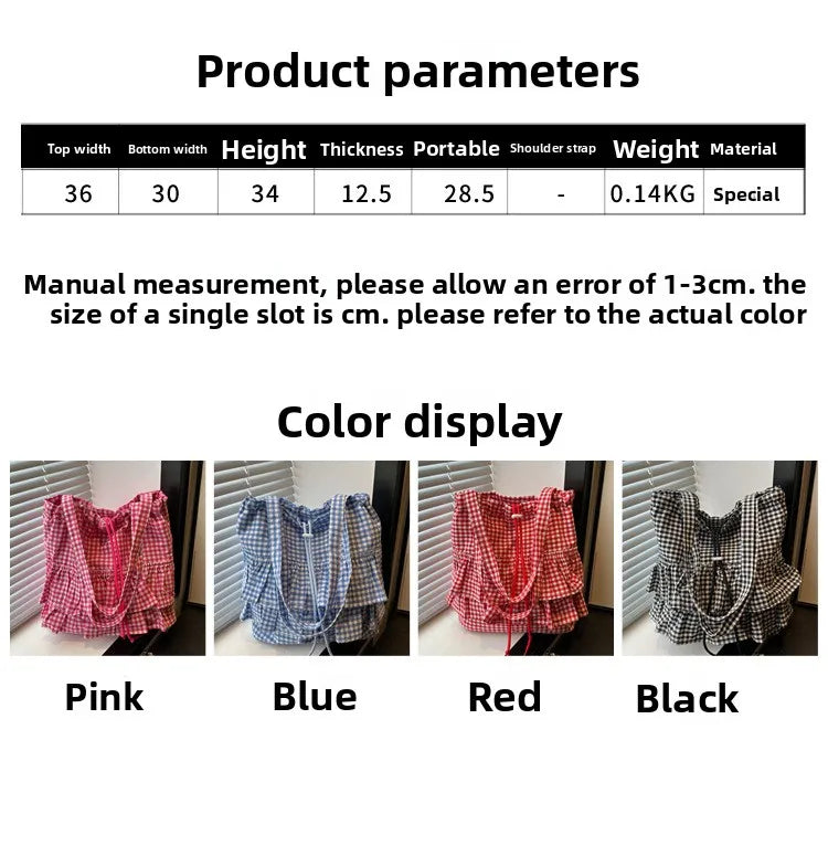 Large Capaci Cute Plaid Cotton Tote Bag  Lace Trim Women's Summer 2025 Simple Lady Handbag Soft Shoulder Bags Bolsa Feminina Pi-Mart