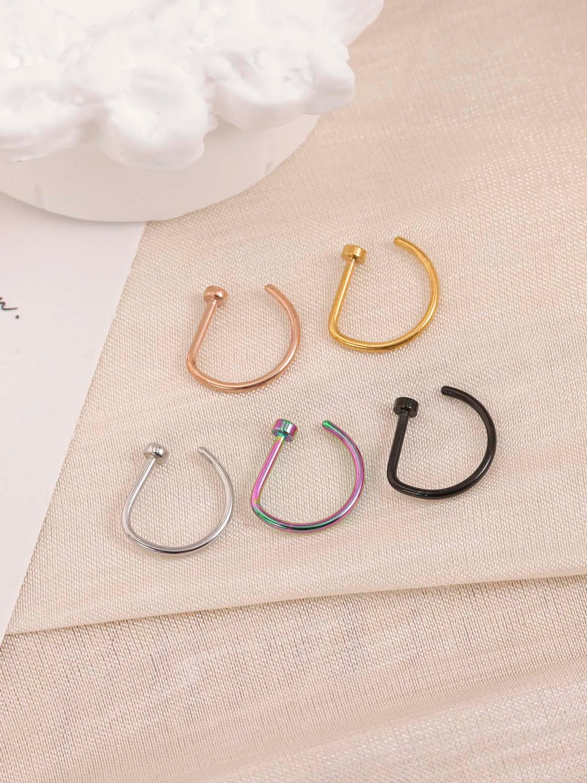 New Curved Barbells Fake Nose Piercing D Shaped Tragus Helix Stud Earring Hoop Septum Stainless Steel Ring Nostril Body Jewelry Pi-Mart