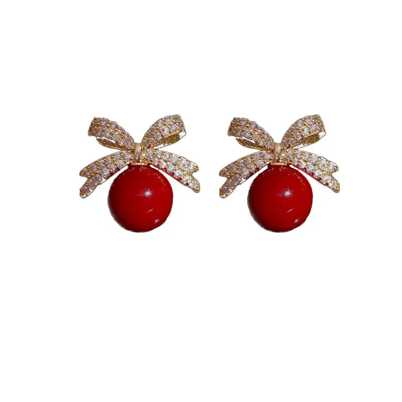 Sparkling Rhinestone Bow Pearl Stud Earrings Light Luxury Fashion Jewelry Women Gifts Wedding Birthday Pi-Mart