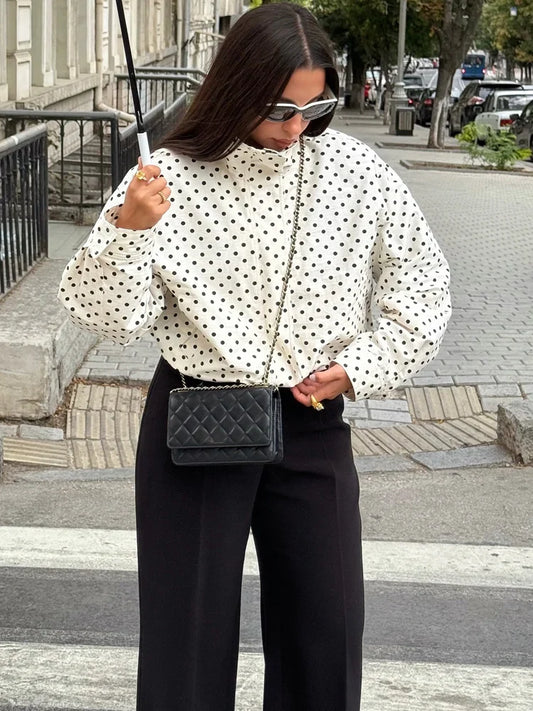HH Fashion Women's Polka Dot Print Short Coats Autumn Long Sleeves Turtleneck Zipper With Pockets Drawstring Casual Jacket LadyShow.Store