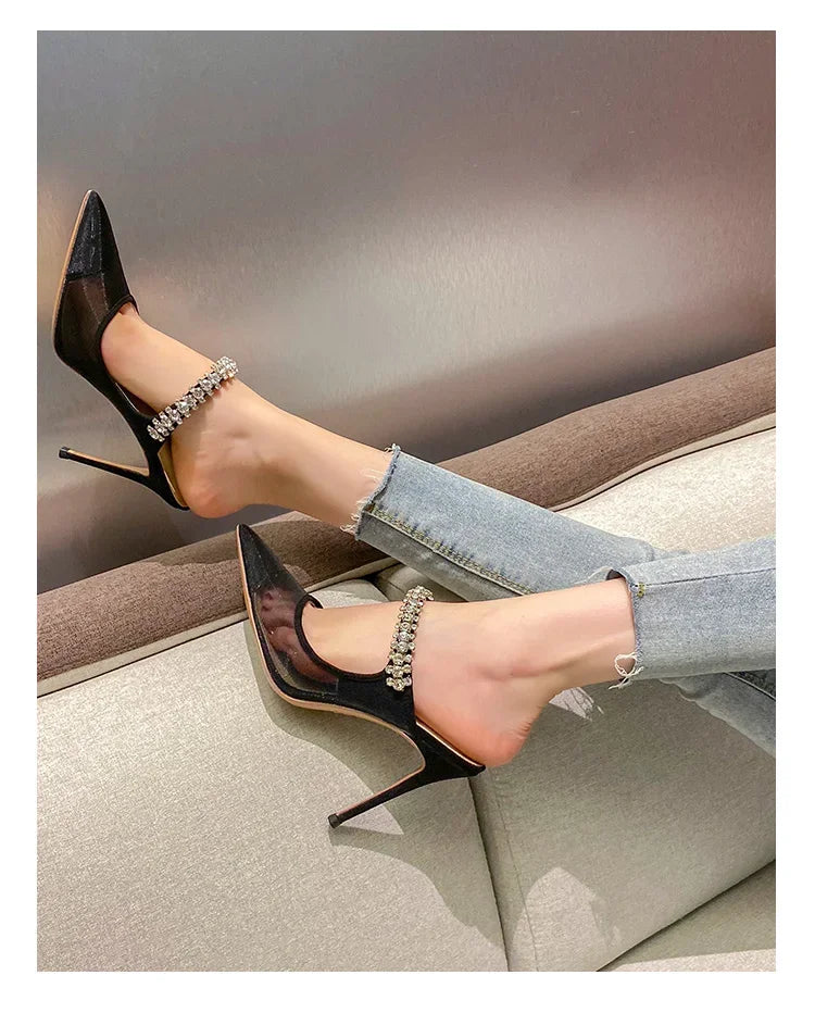 New Fashionable Thin Heel Pointed Water Diamond Mesh Hollow Sandals with Design Sense Half Dragged Muller Shoes ForOuterwear Pi-Mart