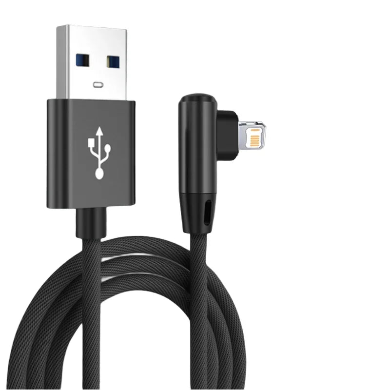 90 Degree USB Cable For iPhone 14 13 12 11 Pro Max X XR 6s 7 8 Plus 2m 3m Lead Mobile Phone Fast Charging Cord Data Charger Wire Pi-Mart