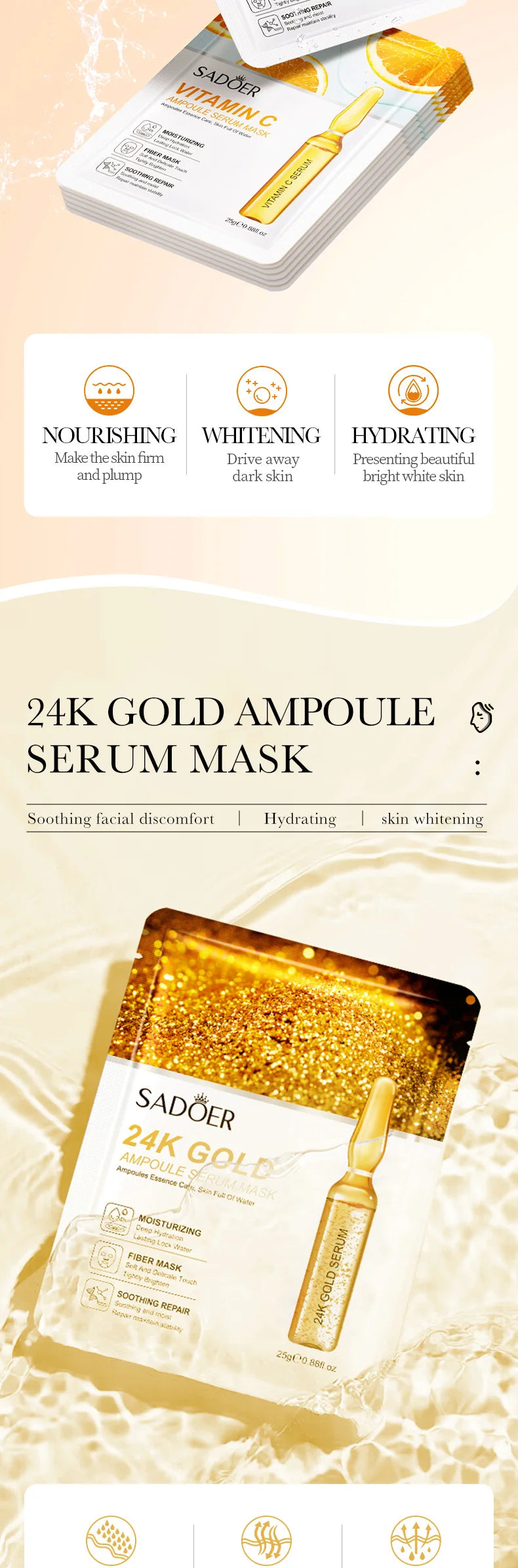 10pcs SADOER 24K Gold Vitamin C Hyaluronic Acid Face Mask Facial Moisturizing Firming Hydrating Facial Masks Skin Care Products Pi-Mart