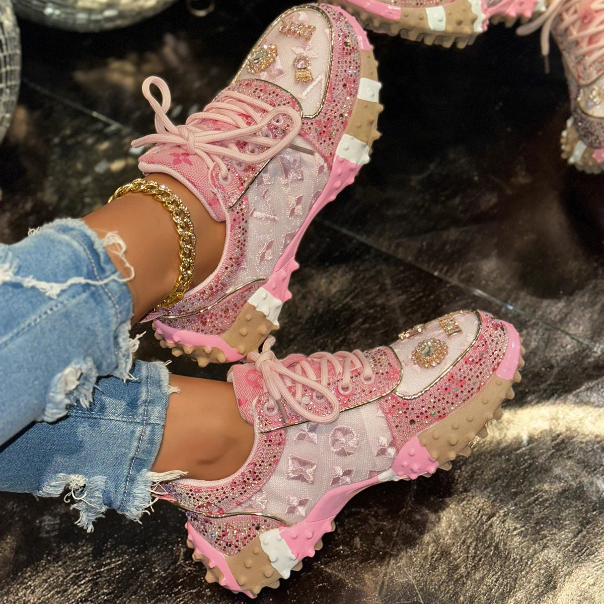Luxury Designer Women's Sneakers Fashion Luxury Rhinestone Ladies Shoes 2026 New Outdoor Platform Female Sports Shoes Vulcanize Pi-Mart