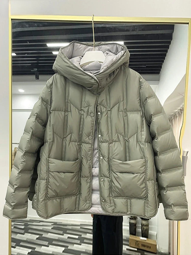 Winter Women 90% White Duck Down Coat Female Stand Collar Single-Breasted Puffer Jacket Casual Loose Hooded Parkas Coat Women LadyShow.Store
