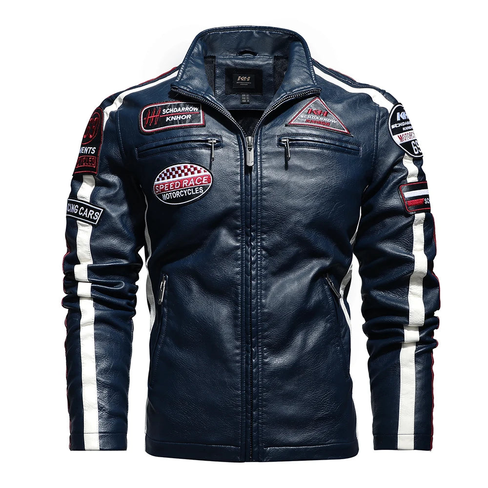 Mens Vintage Motorcycle Jacket 2024 Men Fashion New Biker Leather Jacket Male Embroidery Bomber Coat Winter Fleece Pu Overcoat Pi-Mart