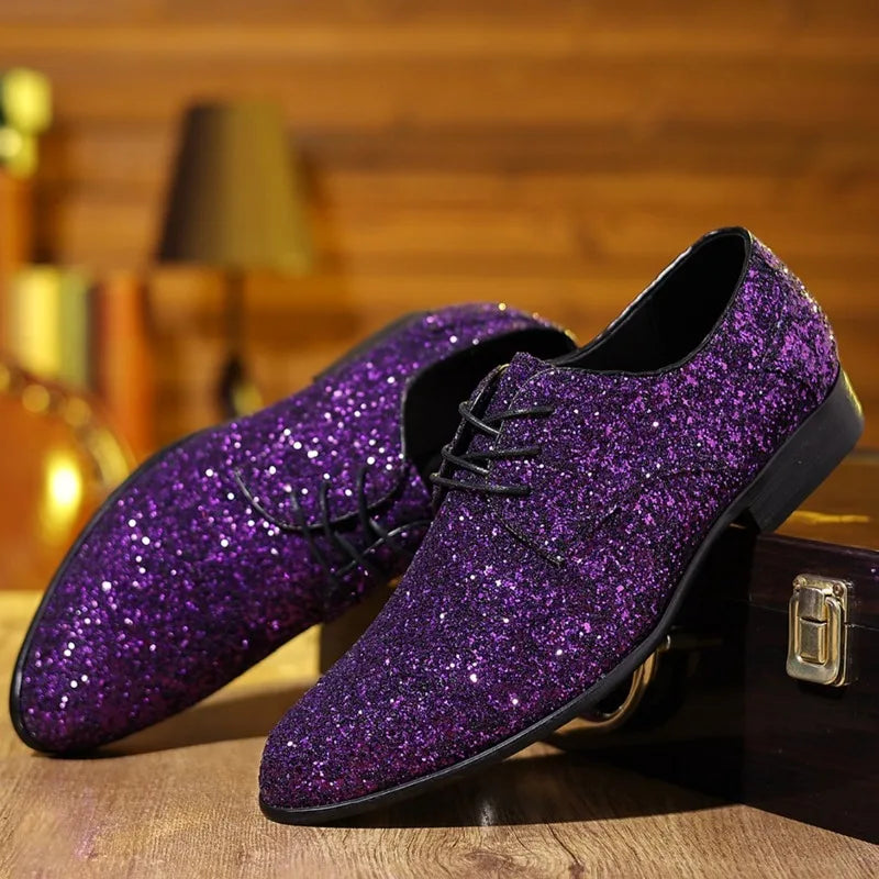 Luxury Men Dress Shoes Gold Silver Sequin Wedding Shoes High Quality Lace-Up  Oxford Shoes Fashion Designer Men Flats Large Size Pi-Mart