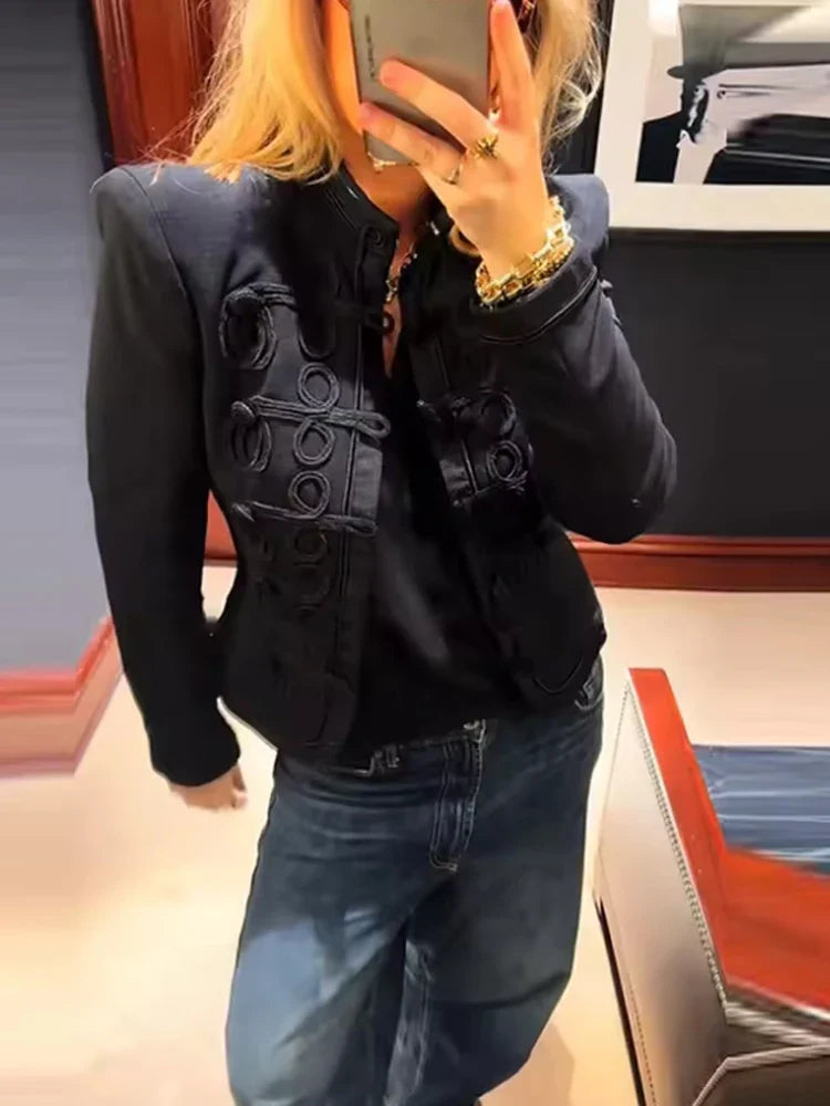 Retro Denim Military Jacket Women Vintage Solid Single Breasted Stand Collar Slim Short Jackets 2026 Lady Daily Street Outerwear LadyShow.Store
