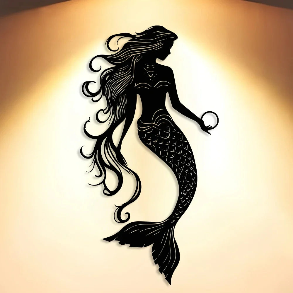 Elegant Mermaid Metal Wall Art - 1pc Minimalist & Abstract Sea Creature Decor, Reusable Iron Sign for Home, Office, Room Decor LadyShow.Store