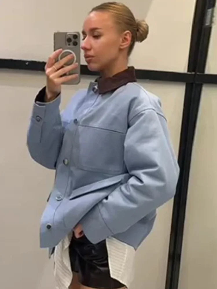 Women Blue Casual Multiple Patch Pocket Jacket Chic Corduroy Collar Single Breasted Short Coat 2026 Lady Daily Spring Wear New LadyShow.Store