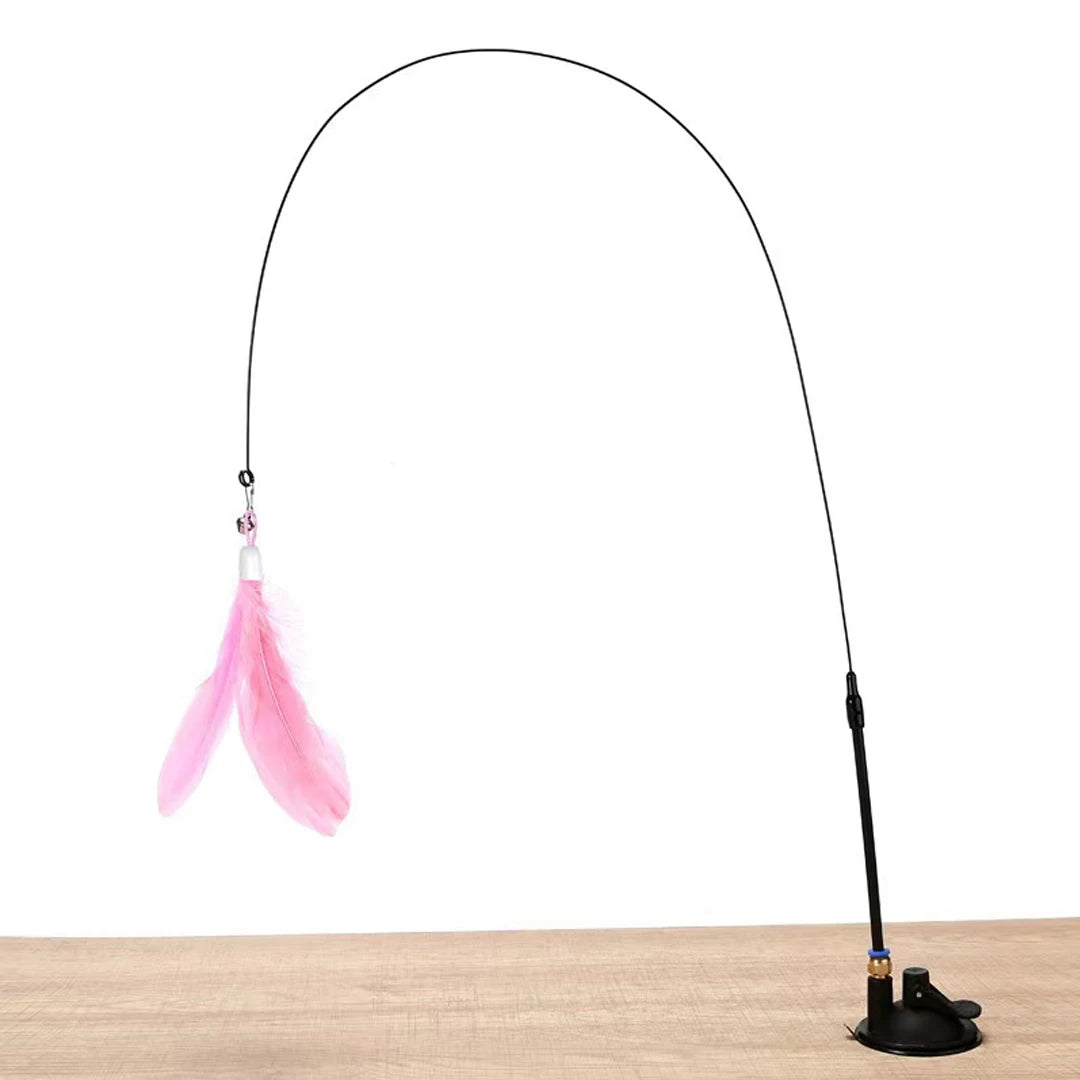 Cat Feather Bell Toy with Suction Cup Base 1 Teaser Wand 3 Replacement Feather Heads Interactive Cat Toy for All Cats Pi-Mart