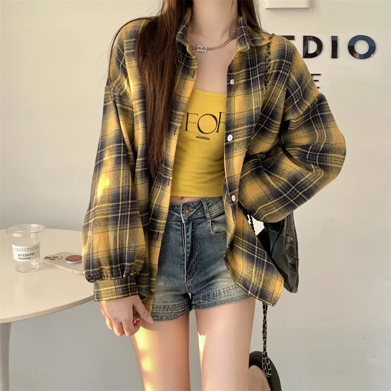 Black Flannel Shirt for Women Long Sleeve Collared Button-Up Tartan Plaid Shirt Jacket  Teen-girl Casual Everyday Outfit LadyShow.Store