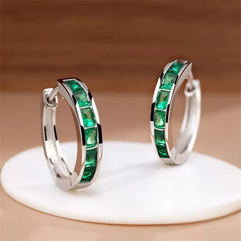Huitan Hoop Earrings with Princess Cubic Zirconia Exquisite Ear Circle Earrings for Women Silver Color Fashion Versatile Jewelry Pi-Mart