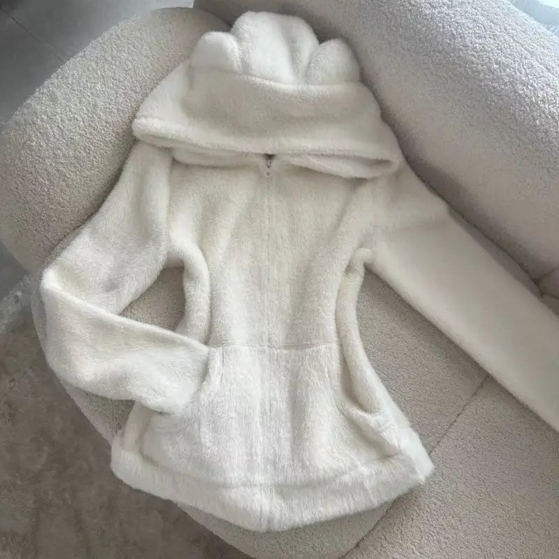 2025 Kawaii Plush Hoodie Women Bear Ear Zip Jacket Soft Warm Fleece Coat Korean Sweet Girl Winter Outerwear Cute Fashion Trend LadyShow.Store
