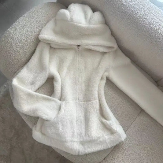 2025 Kawaii Plush Hoodie Women Bear Ear Zip Jacket Soft Warm Fleece Coat Korean Sweet Girl Winter Outerwear Cute Fashion Trend LadyShow.Store