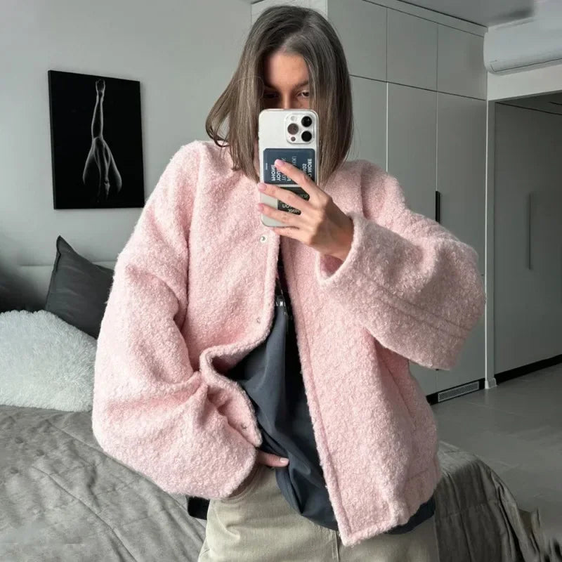Talenza Women's Pink Short Fur Jacket Autumn Loose Fashion Long Sleeve Jacket Top Casual Stand Collar Pocket Button Warm Jacket LadyShow.Store