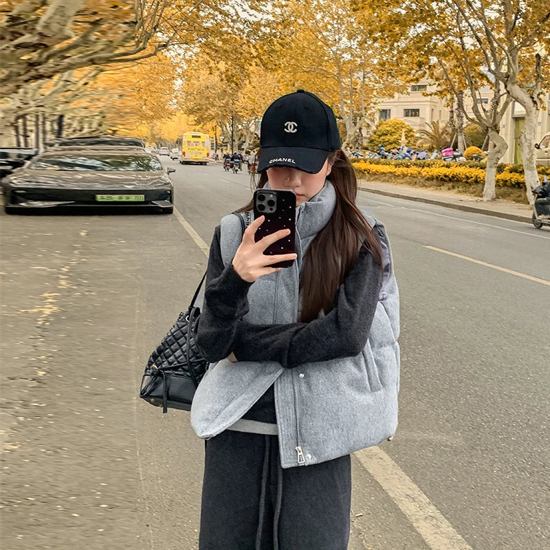 Short Down cotton Vest Women's 2025 Korean Fashion New Stand-up Sleeveless Zipper Student Vest Jacket Black Gray Waistcoat Tide LadyShow.Store