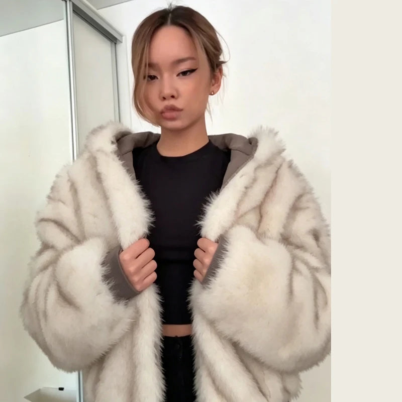 Women's Reversible Faux Fur Jacket Warm Fur Trim Hooded Oversized Puffer Coat Batwing Sleeves Zipper Loose Winter Lady Outerwear Pi-Mart