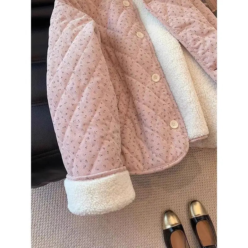Chic Floral Corduroy Jacket for Women - Korean Loose Fit Round Neck Long Sleeve Cotton Top, Warm Versatile Autumn Winter Shacket Pi-Mart