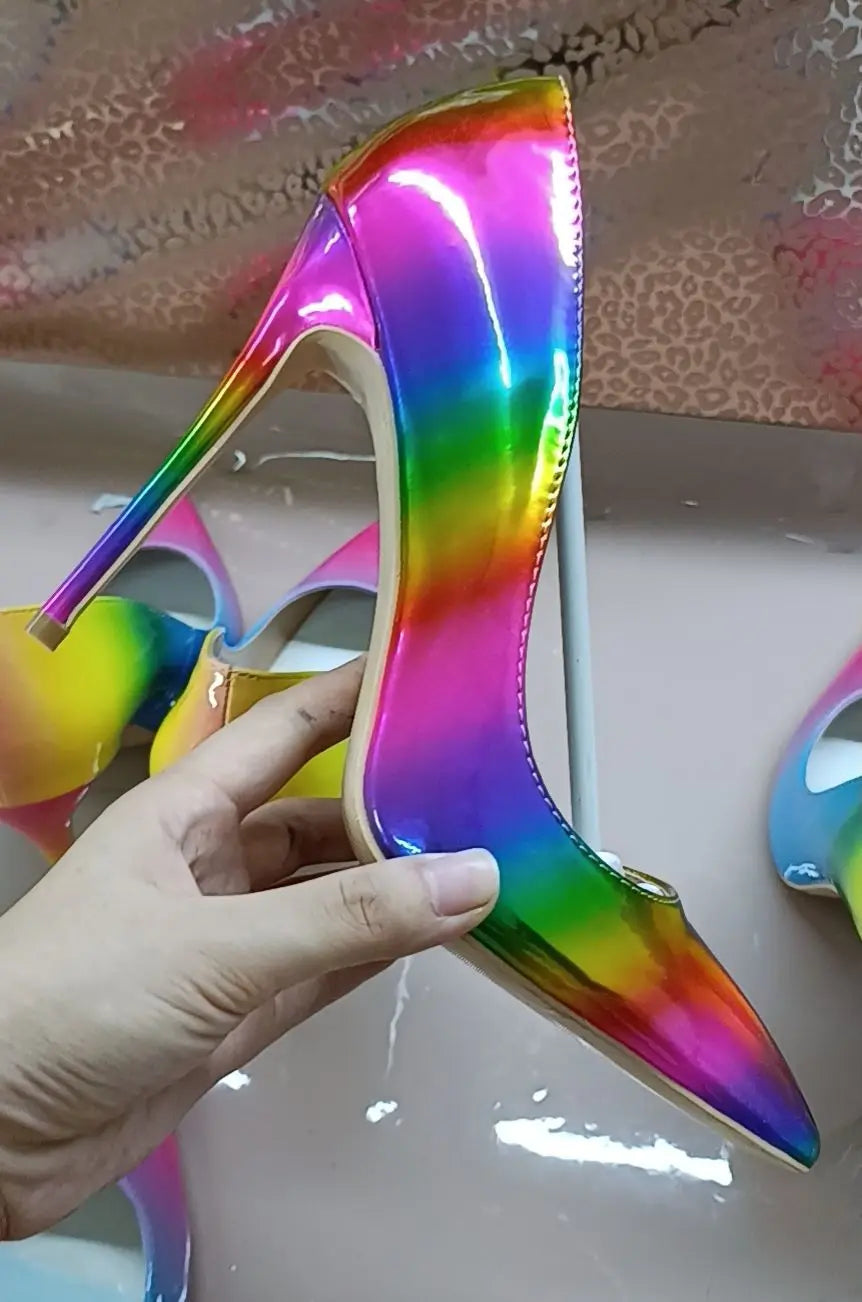 Brand Women High Heels 8-12CM Fashion Iridescent Pointed Toe Single Shoes Woman Thin Heel Summer Glossy Colorful Leather Pumps Pi-Mart
