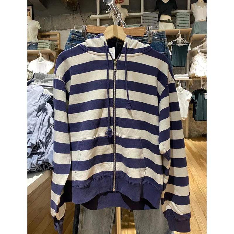 Striped Patchwork Zip-up Hoodie Autumn Cotton Pocket Drawstring Hooded Sweatshirt Women Y2k Streetwear Vintage Loose Tops Jacket LadyShow.Store
