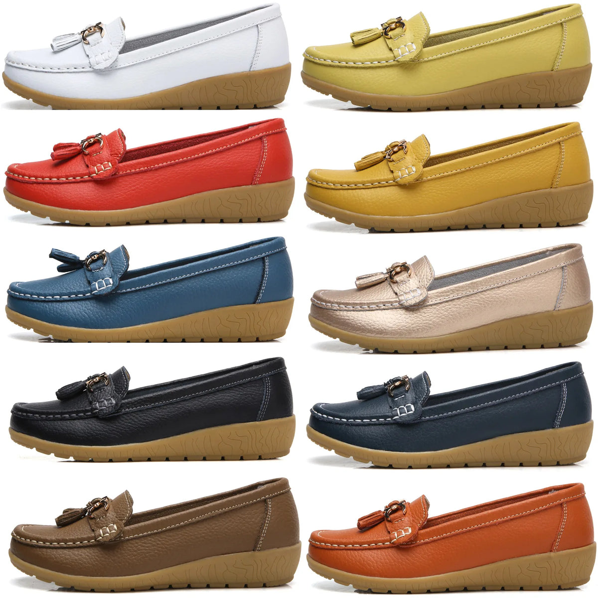 Women's Leather Slip-On Loafers White Casual Comfort Moccasins with Metal Tassel Gum Sole Large Sizes 41 42 43 for Dropshipping Pi-Mart
