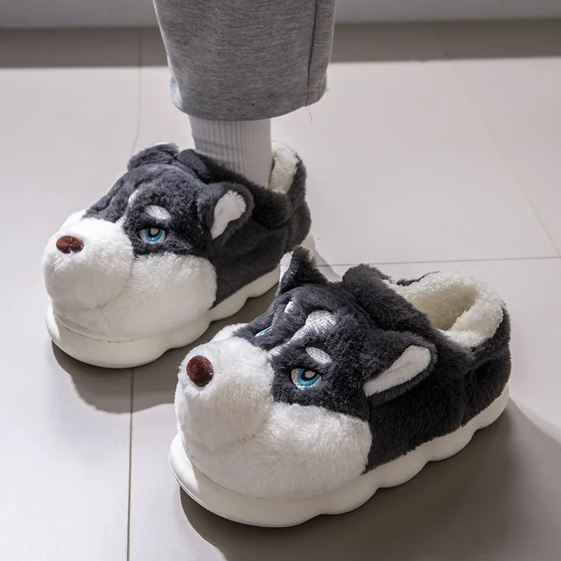 Plus Size 50 Indoor Fluffy Slippers For Women Men Winter Warm Shoes Cute Cartoon Dog Light Weight Couples Home Floor Slipper LadyShow.Store