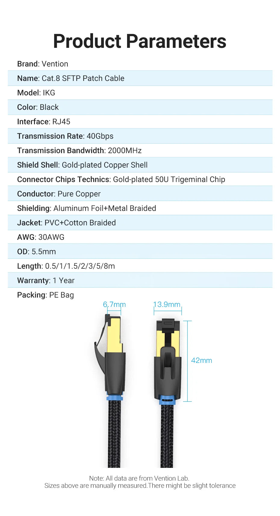 Vention CAT8 Ethernet Cable 40Gbps 2000MHz CAT 8 Networking Cotton Braided Internet Lan Cord for Laptops PS 5 Router RJ45 Cable Pi-Mart