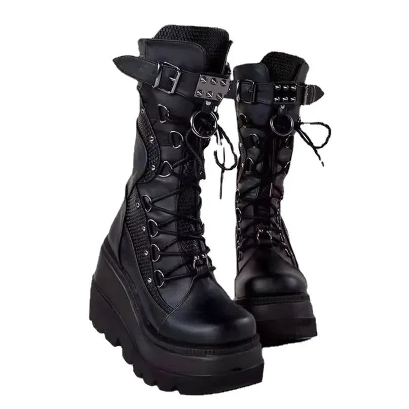 Brand New Ladies Goth Platform Boots Fashion Rivet Buckle Punk Wedges High Heels women's Boots Party Street Cosplay Woman Shoes Pi-Mart