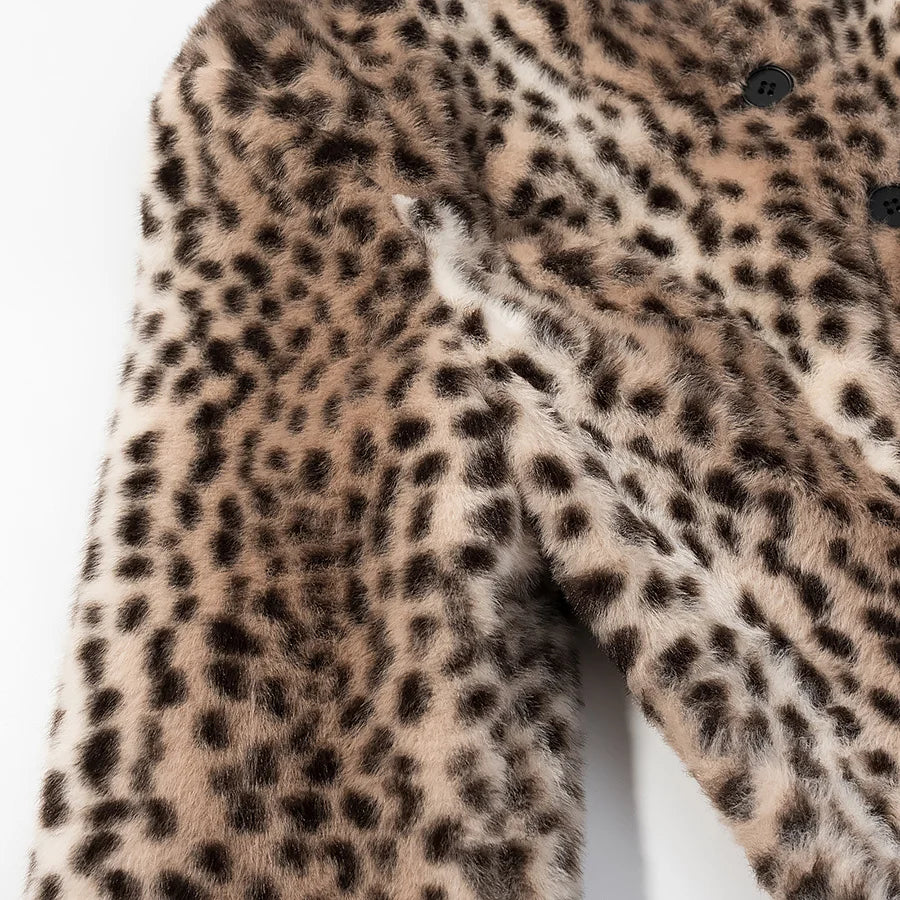 Retro Leopard Faux Fur Short Coat Lady Chic O-neck Single Button Placket Spotted Dot Cropped Long Sleeve Outerwear Street Jacket Pi-Mart