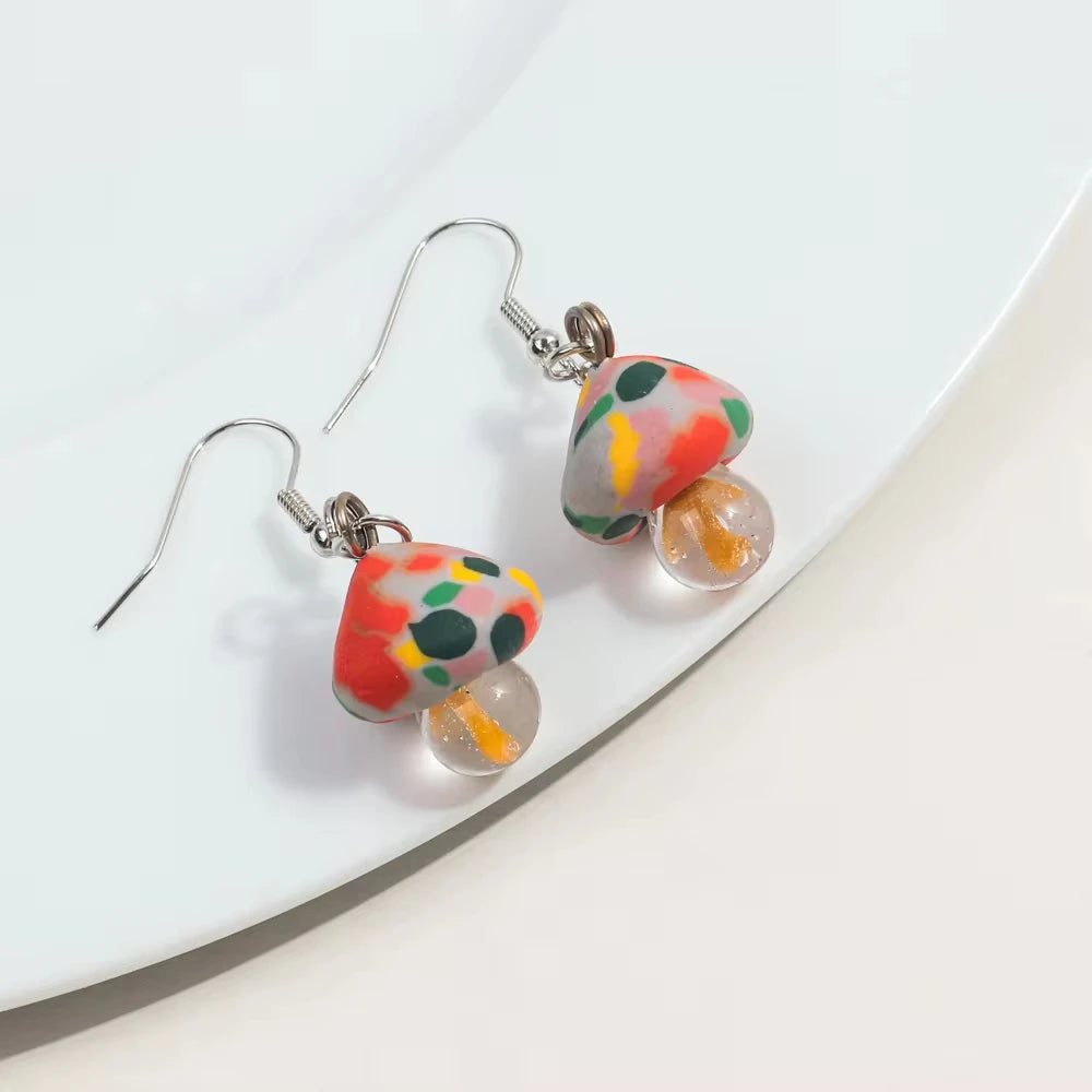 New Cute Polymer Clay Mushroom Acrylic Drop Earrings for Women Cartoon Colorful Flower Pendant Earring 2024 Trend Jewelry Gift Pi-Mart