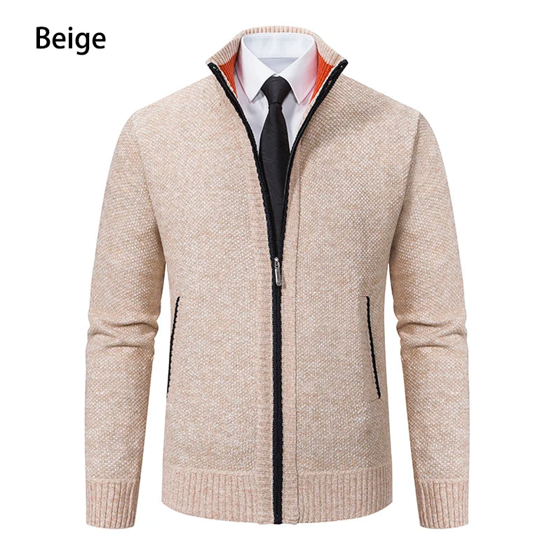 Autumn And Winter New Jersey Men's Casual Sports Coat Solid Color Stand Collar Wweater Grab Fleece Warm Zipper Cardigan Pi-Mart