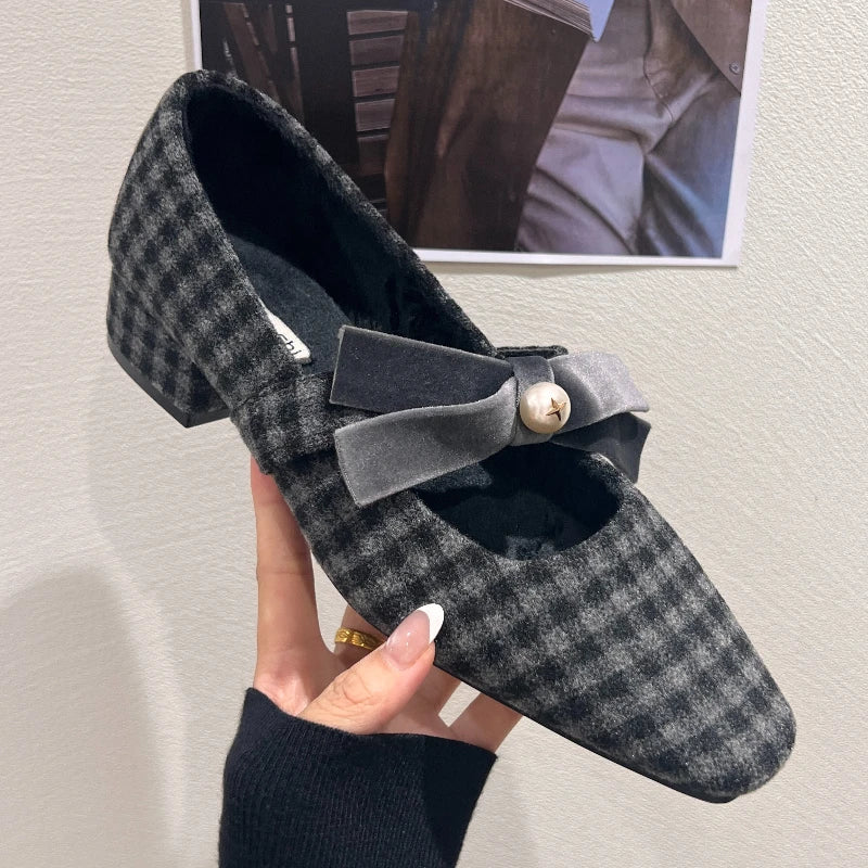 Elegant Chunky Heel Mary Jane Shoe for Women Bowknot Pearls Decoration Plaid Print Design Autumn Pumps Fashion Party Dress Heels LadyShow.Store