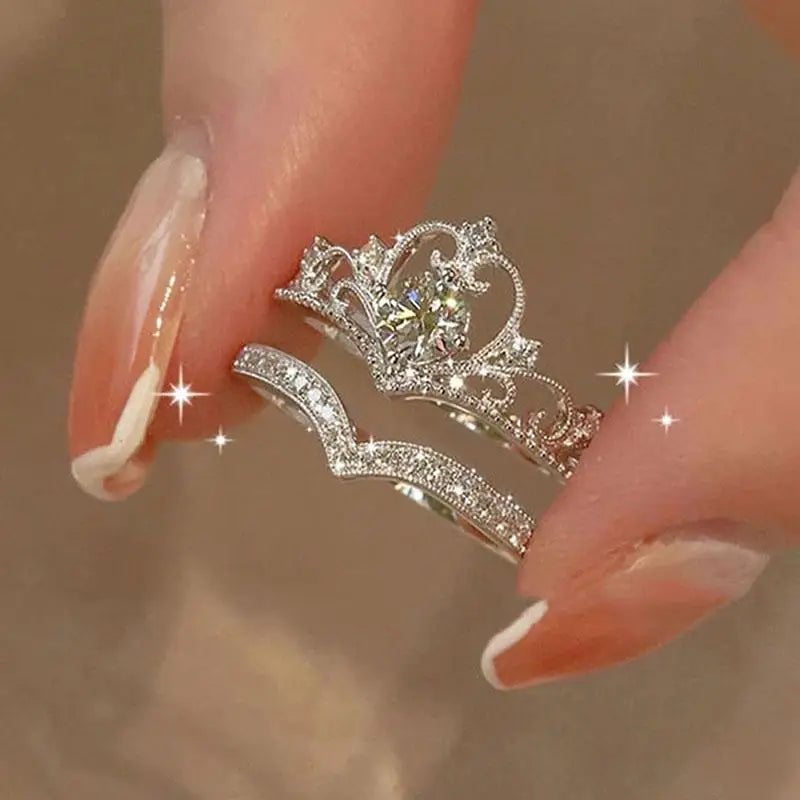2PCS Fairy Sparkling Crown Rings for Women Teen Crystal Korean Adjustable Silvery Anniversary Gift Party Queen Ring Set Jewelry Pi-Mart