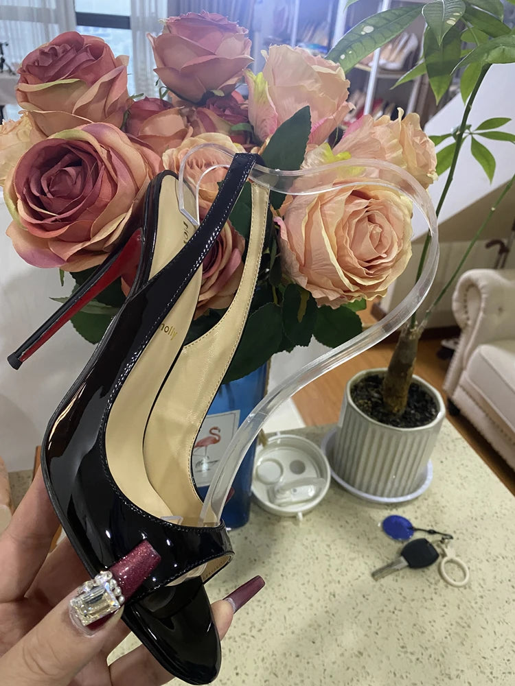 Black Fish Mouth Open toed Ultra High Heels 12cm Rear Tripstrap Thin Heel European and American Sexy Women's Large Sandals Pi-Mart