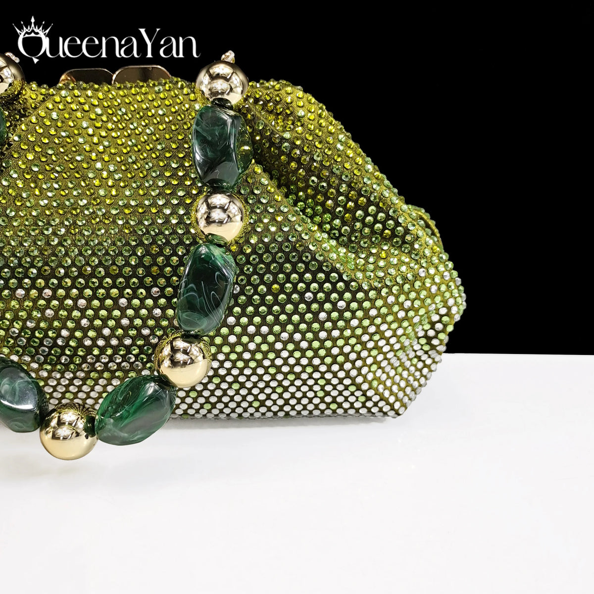 Queena Yan Newest Full of Rhinestone Design Olive Color Lady Sheos and Metal Bead-Embellished Handbag Set for Parrt Wedding Pi-Mart