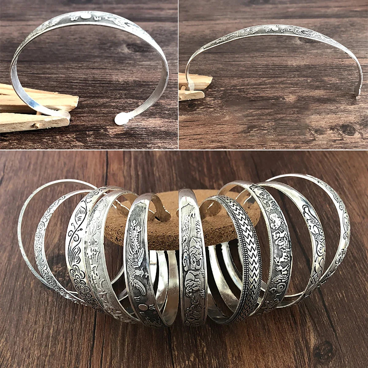 New Retro Cuff Bracelets Tibetan Silver Metal Carving Fish Elephant Flower Bangles Vintage Gypsy Jewelry Female Gifts Pi-Mart